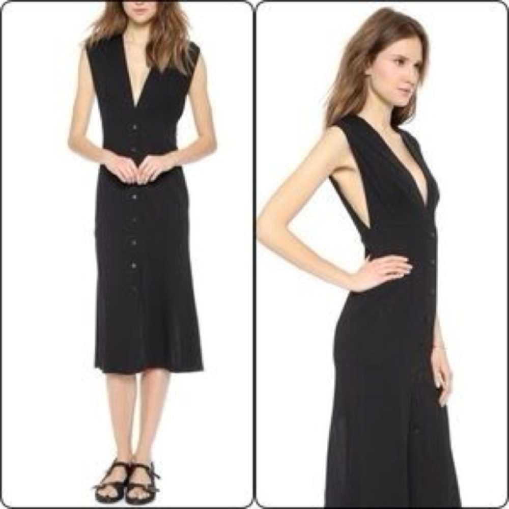 Theyskens Theory Size 2 Black Didier V Neck‎ Button Front Midi Dress